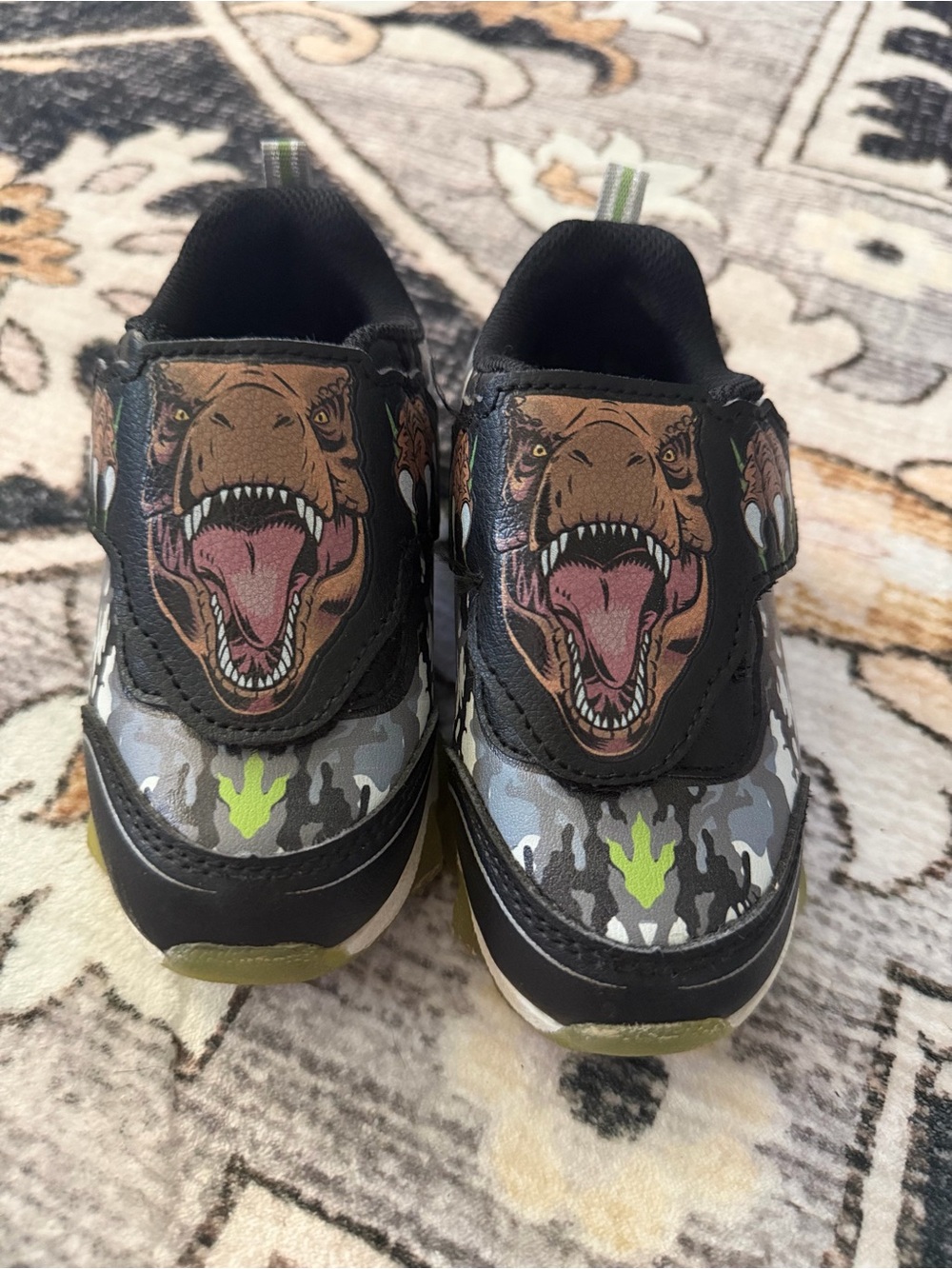 Kids Black Dinosaur Sneakers with Neon Green Accents